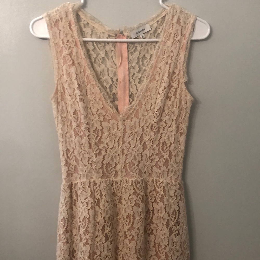Sleeveless Cream Lace Dress with Light Pink Slip